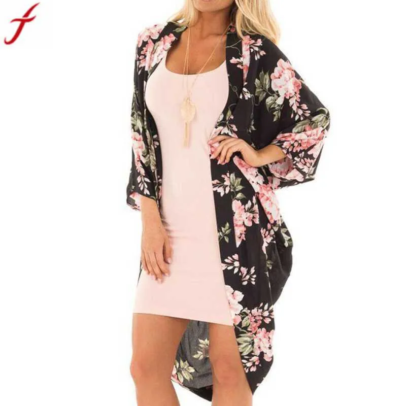 

2019 Summer New Casual Chiffon Cardigan Kimono Women Flower Print Long Coat Tops Holiday Women Blouses blusa feminina