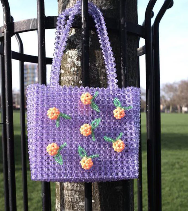 

Women Handmade woven beaded bags cute cherry box tote Party Strawberry handbag pearl lady bag