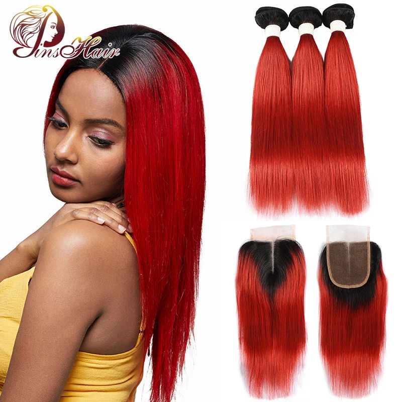 

Ombre Red Hair Bundles Brazilian Hair Weave Bundles with Closure T1B/Red 99J Straight Human Hair 3 Bundles with Closure Non-Remy