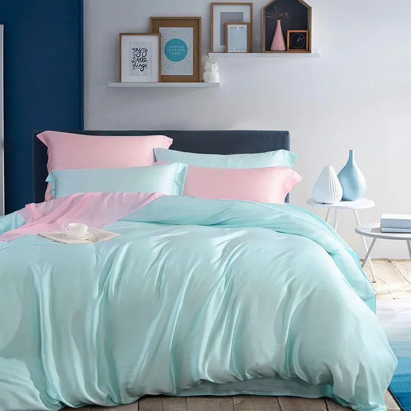 بلون الصيف لينة ايوسل الحرير غطاء سرير شرشف الملك حجم الملكة طقم سرير الأزرق غطاء لحاف لينة مجموعة بارور دي مضاءة