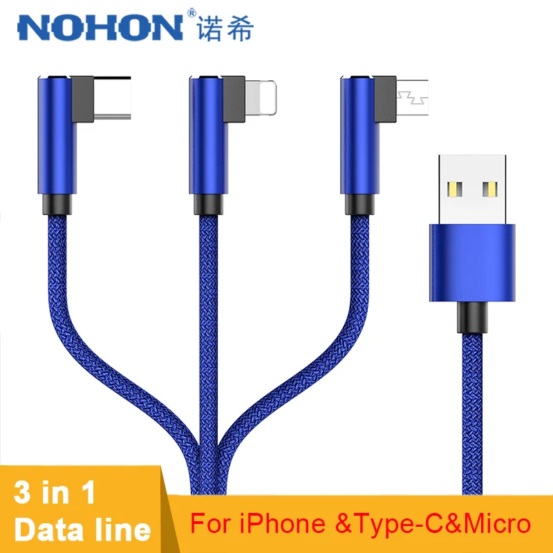 Beste NOHON Nylon 3 in 1 Data Cord Micro USB Type C Verlichting Charger Kabel Voor iPhone X 8 7 plus Voor Huawei Samsung Lading Kabels 1.2 m