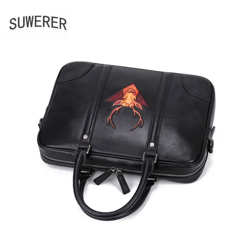SUWERER 2019 New men Genuine Leather bags Handmade Carved luxury fashion cowhide tote men bags designer Men's briefcase SUWERER 2019 New men Genuine Leather bags Handmade Carved luxury fashion cowhide tote men bags designer Men's briefcase