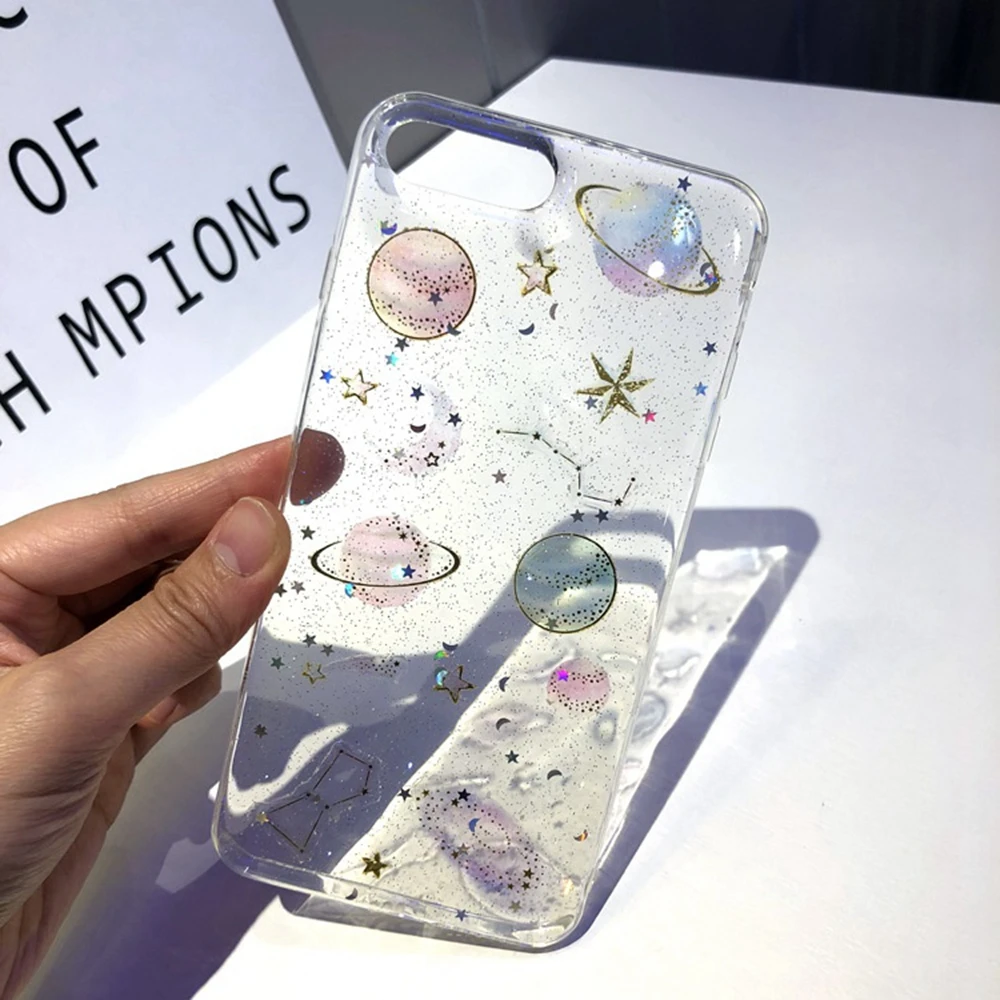Роскошный блестящий чехол Space Planet для iPhone 7 8 Plus XR XS MAX Bling Star мягкий силиконовый Xs X 6