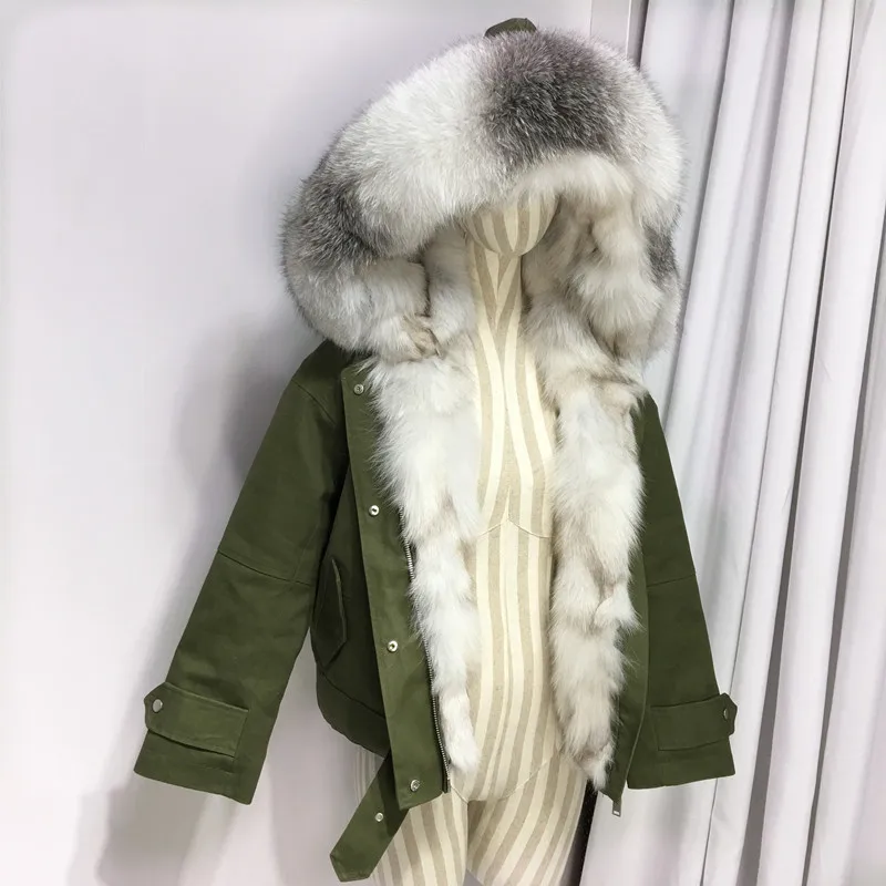 Короткая стильная зимняя куртка с подкладкой из натурального Лисьего меха, женская верхняя одежда, пальто с капюшоном из натурального меха, толстые парки армейского зеленого цвета