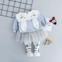 Милый комплект для маленьких девочек, футболка с мультяшным кроликом+ сетчатая юбка-штаны, комплект из 2 предметов для новорожденных, синий, розовый цвет, хлопковая смесь, комплект для малышей