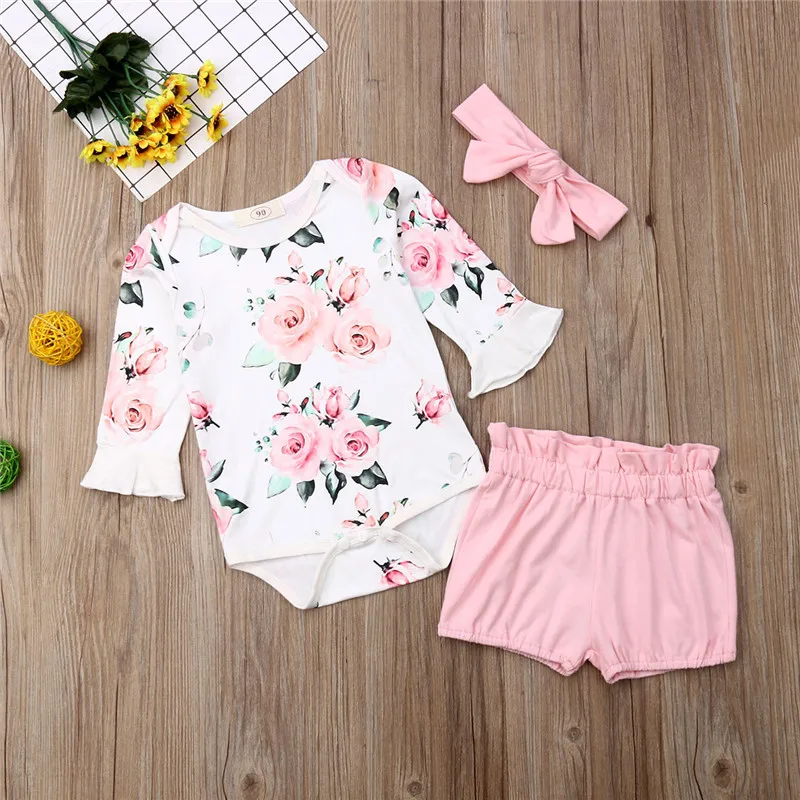 

Newborn Baby Girl free shipping clothes solid shorts bow Headband long sleeve round neck Flower print Bodysuit 3pc summer Outfit