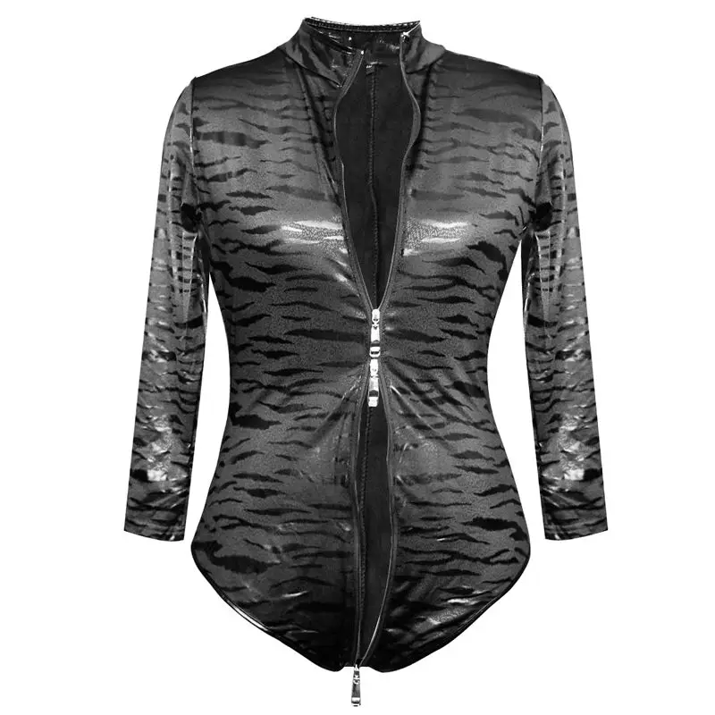 

Women's Sexy Leopard Faux Leather Bodysuit Zipper Wet-look One Piece Jumpsuit Sexy Sleeveless Leotard Clubwear Designed Bodysuit