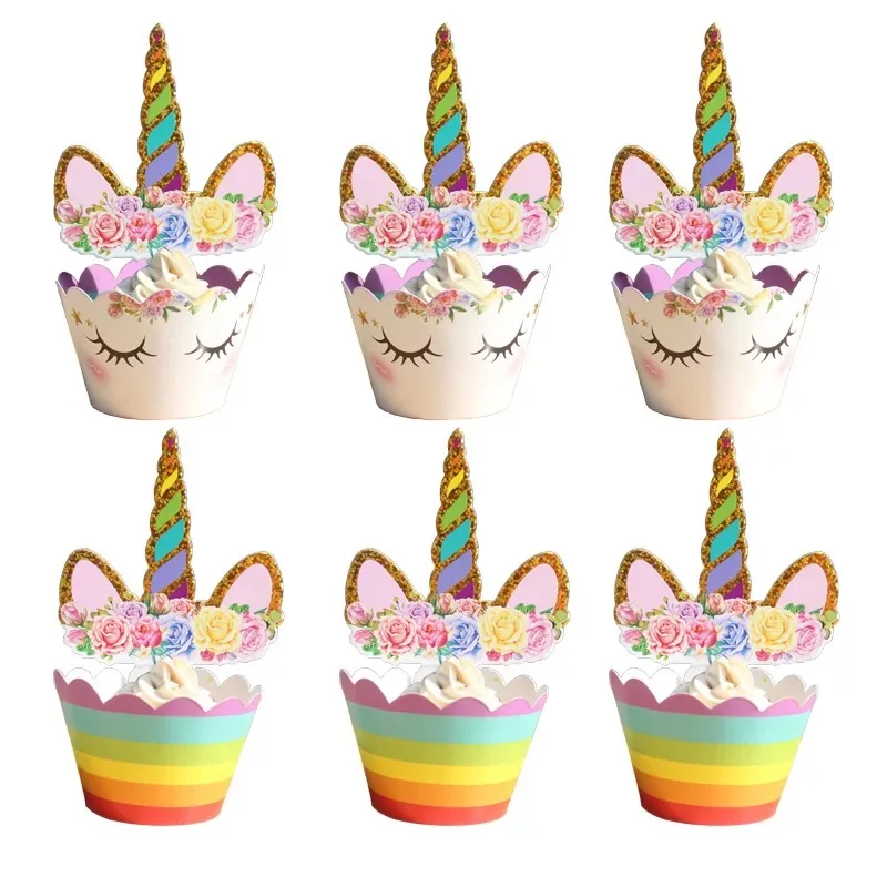 

24pcs/set Rainbow Unicorn Cake Toppers Cupcake Wrappers Flags Baby Shower Kids Birthday Party Wedding Decoration
