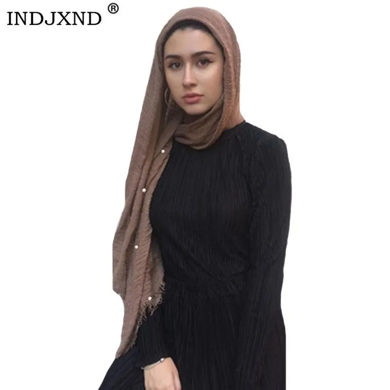 

INDJXND 2019 New Glitter Shimmer Pleated Islamic Muslim Hijab Scarf Shawl Women Wrinkled Crinkle Maxi Hijabs With Pearls Shawls