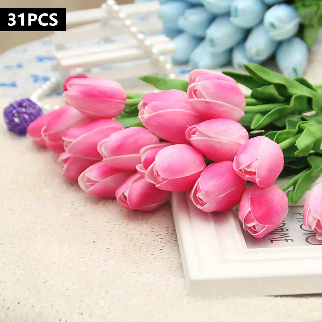 31 шт. искусственная Цветочная подделка Тюльпан цветы букет цветы Свадебный букет декоративные цветы для свадьбы дома - Цвет: Dark Pink