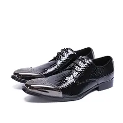 Черная Яркая кожаная обувь с квадратным носком; мужская деловая обувь на шнуровке с металлическим носком; свадебные туфли