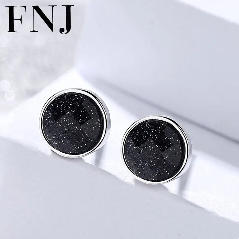FNJ 925 Серебряные Круглые серьги для женщин ювелирные изделия из черного камня Букле д 'Орель оригинальные серьги-гвоздики из стерлингового серебра S925 пробы