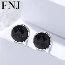FNJ 925 Серебряные Круглые серьги для женщин ювелирные изделия из черного камня Букле д 'Орель оригинальные серьги-гвоздики из стерлингового серебра S925 пробы