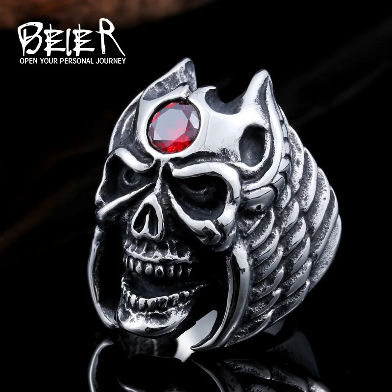 

Beier new store 316L Stainless Steel ring high quality Winged Skull Ring With Red Stone Cool Punk Ring Jewelry BR8-415