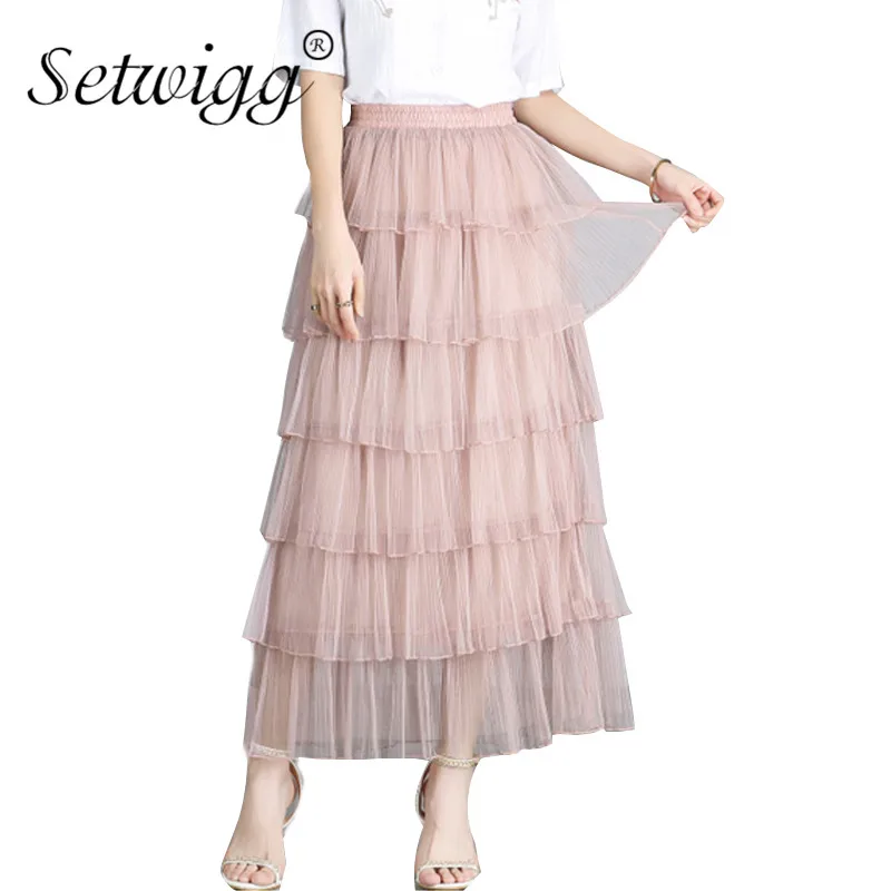 SETWIGG Spring Sweet Tiered Gauze Mesh A line Long Skirts Elastic Waist