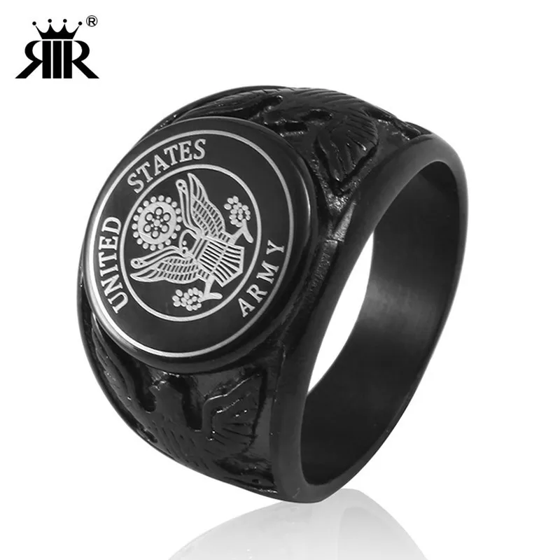 RIR Black USA Military Ring United States MARINE CORPS US ARMY Men Rings In Stainless Steel