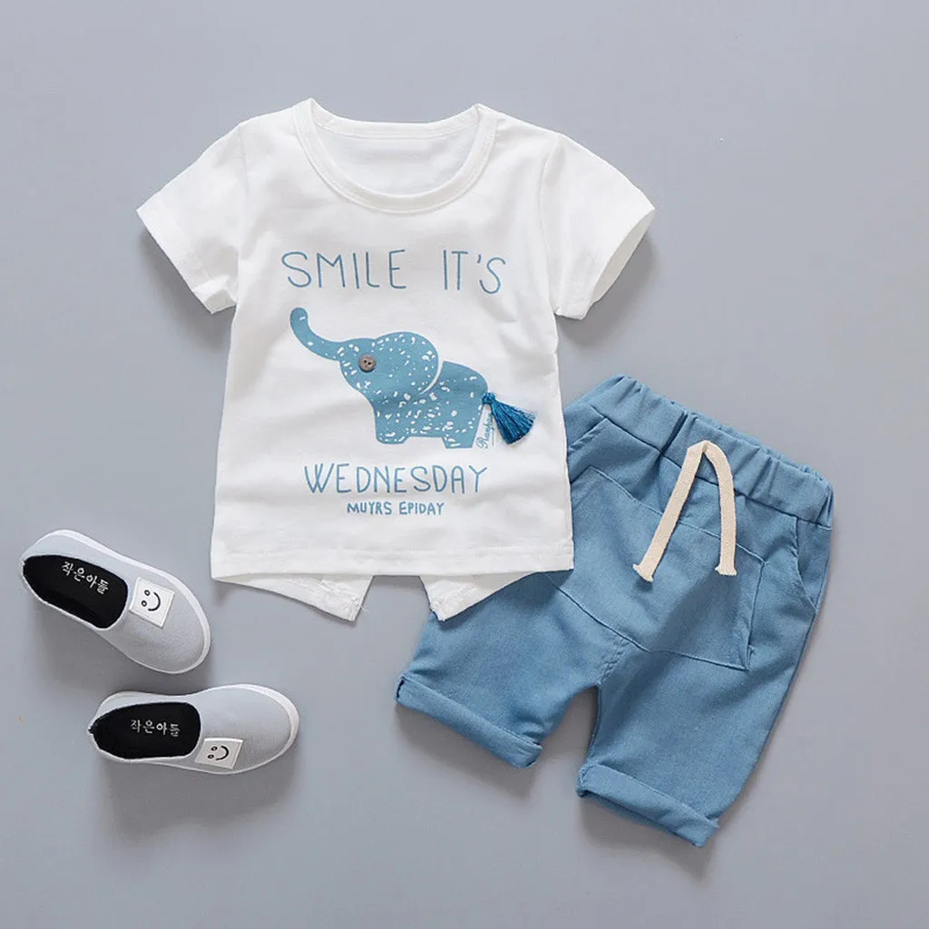 Комплект одежды для маленьких мальчиков; летняя одежда для младенцев; футболки с короткими рукавами и Рисунком Слона; топы и штаны; детский пляжный костюм для мальчиков и девочек; спортивные костюмы