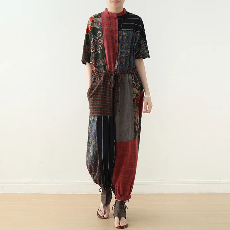 

Johnature Women Print Floral Bandage Jumpsuits Cotton Linen 2019 Summer New Button Short Sleeve Vintage Women Cloths Jumpsuits