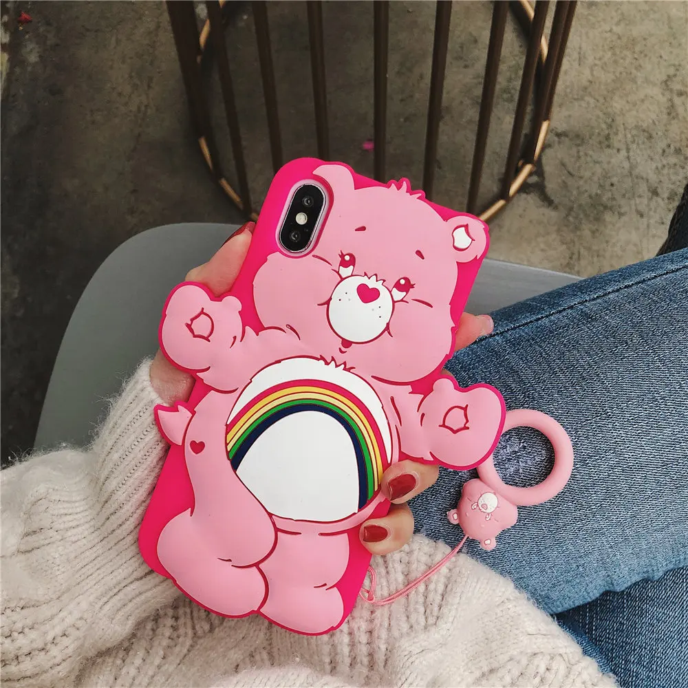 Чехол с медведями для IPhone XSmax XR XS X 8 8Plus 7 7Plus 6S 6 Rainbow bear, матовый Силиконовый мягкий чехол для телефона с кольцом на палец - Цвет: Pink