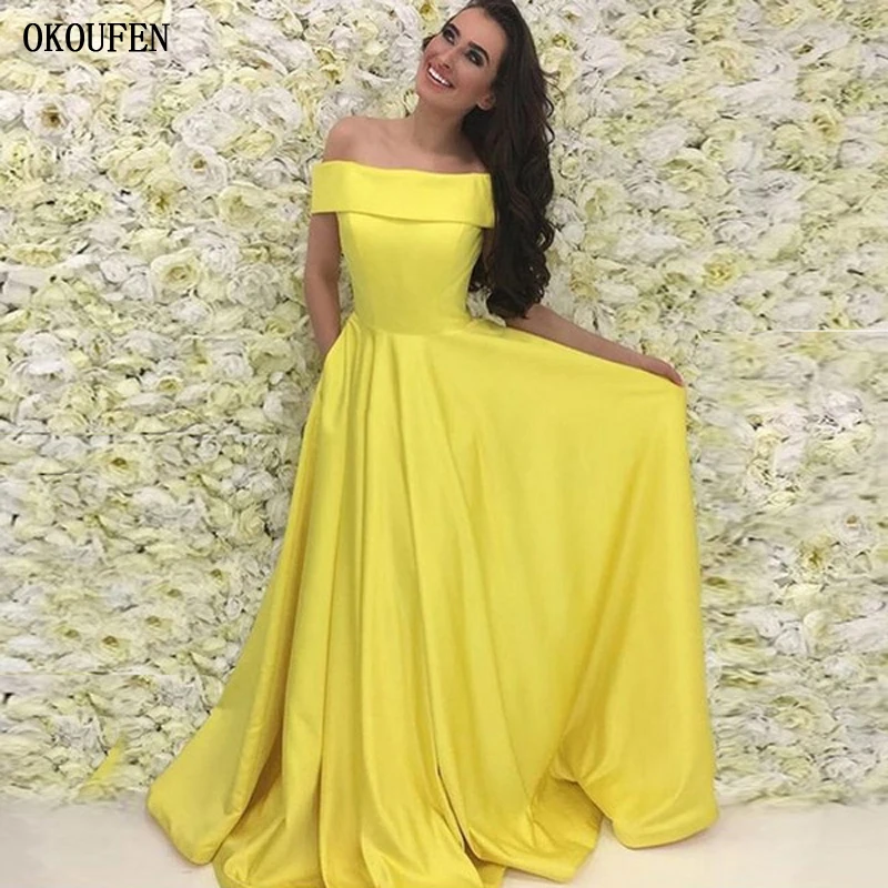 Elegant Fuchsia Satin Long Prom Dresses Bateau Neck Off Shoulder Prom Dresses Custom Made Simple Yellow Evening Gowns Fast Shipping 副本