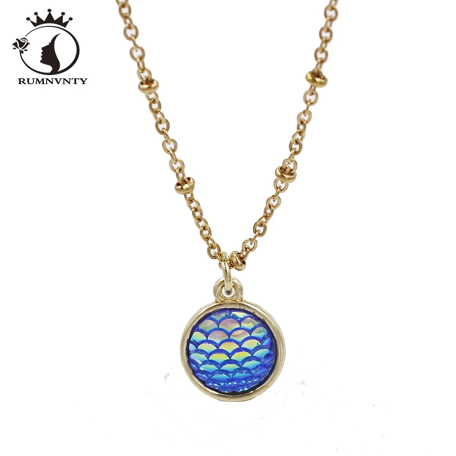 RUMNVNT Stainless Steel Mermaid Fish Scale Holographic Necklace Rose