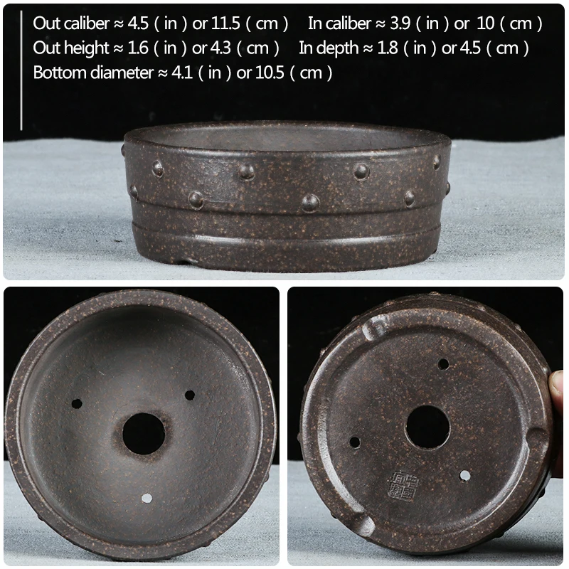 Миниатюрный горшок бонсай Китай Исин фиолетовый песок мелкий цветочный горшок с круглым барабаном гвозди - Цвет: A016-Old-bronze