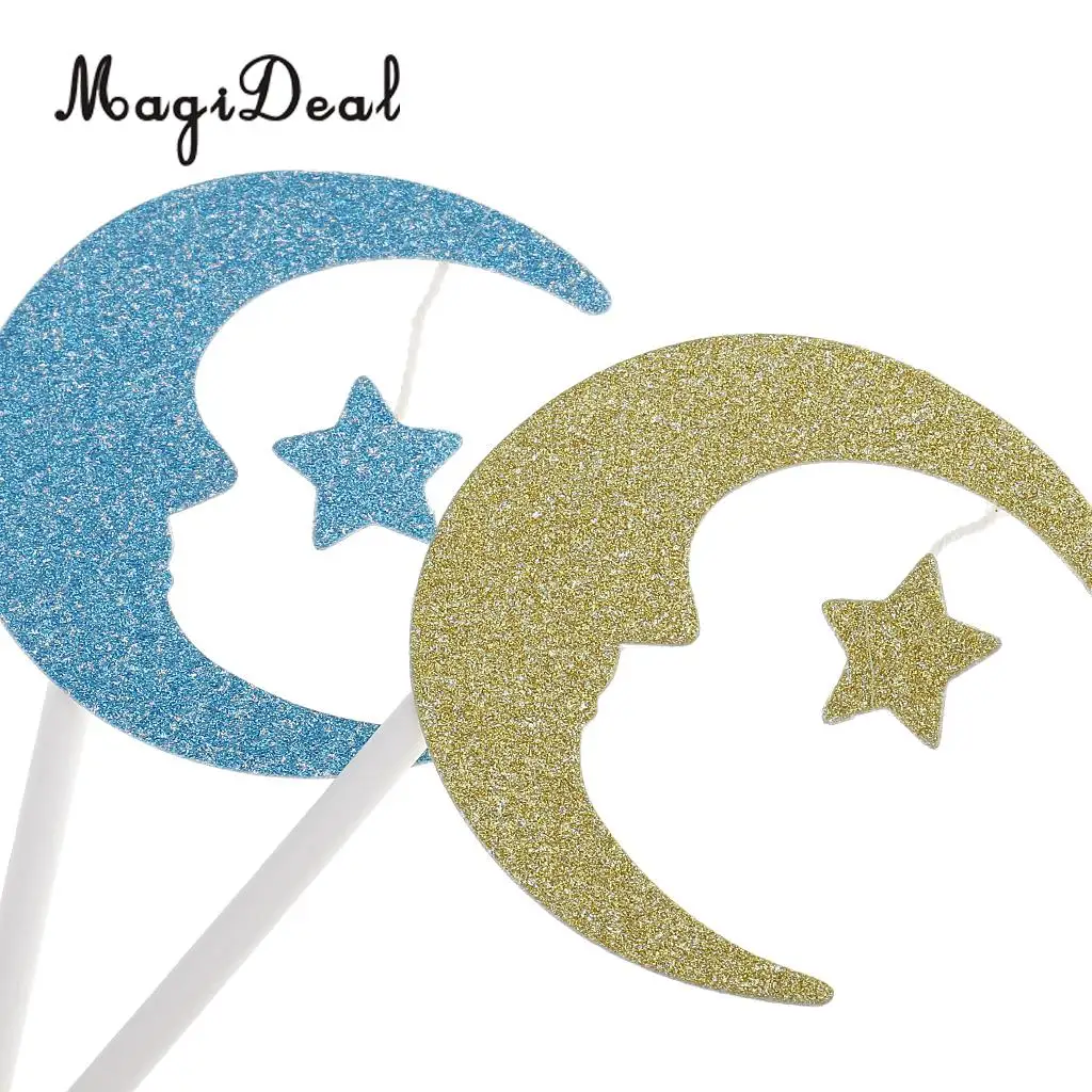 MagiDeal Sweet 30Pcs Glitter Moon Star Cake Topper Wedding Birthday Fruit Food Picks for Baby Shower Anniversary Supplies Mutil