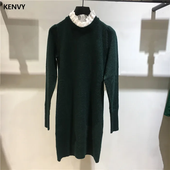 

KENVY Brand Fashion Women's High-end Luxury Autumn Winter Elegant stitched Knitted Wool Dress