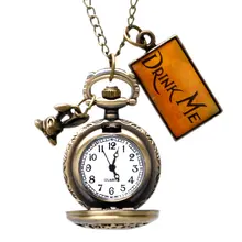 Алиса в стране чудес Drink Me карманные часы Цепочки и ожерелья Кролик цветок ключ подарок полые половина охотник стимпанк Для женщин девочек кулон Алиса в стране чудес алиса в стране чудес
