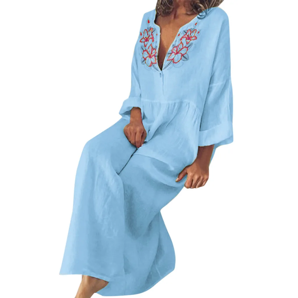 Модные Boho платья женские с длинным рукавом льняное платье свободные А-силуэта сарафан на пуговицах с принтом Платья женские макси платье# N2