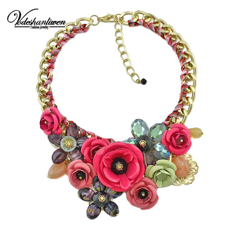

Vodeshanliwen New Brand Paint Metal Flower Necklace Crystal Necklaces & Pendants For Women Wedding jewelry Vintage Collar Choker