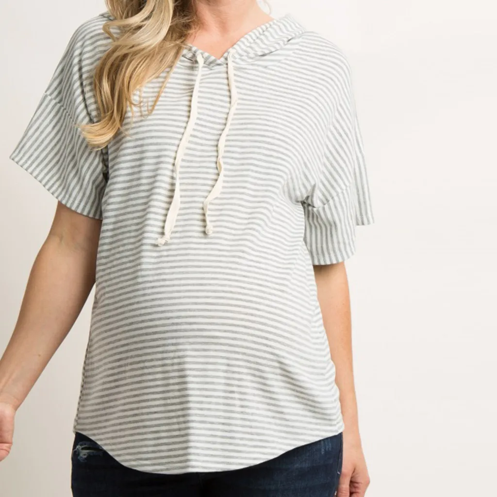 

Nursing Top Women Summer Hooded Striped Short Sleeve Tshirt Casual Loose Tees Pregnant Maternity Clothes Ropa Embarazada 19Apr30