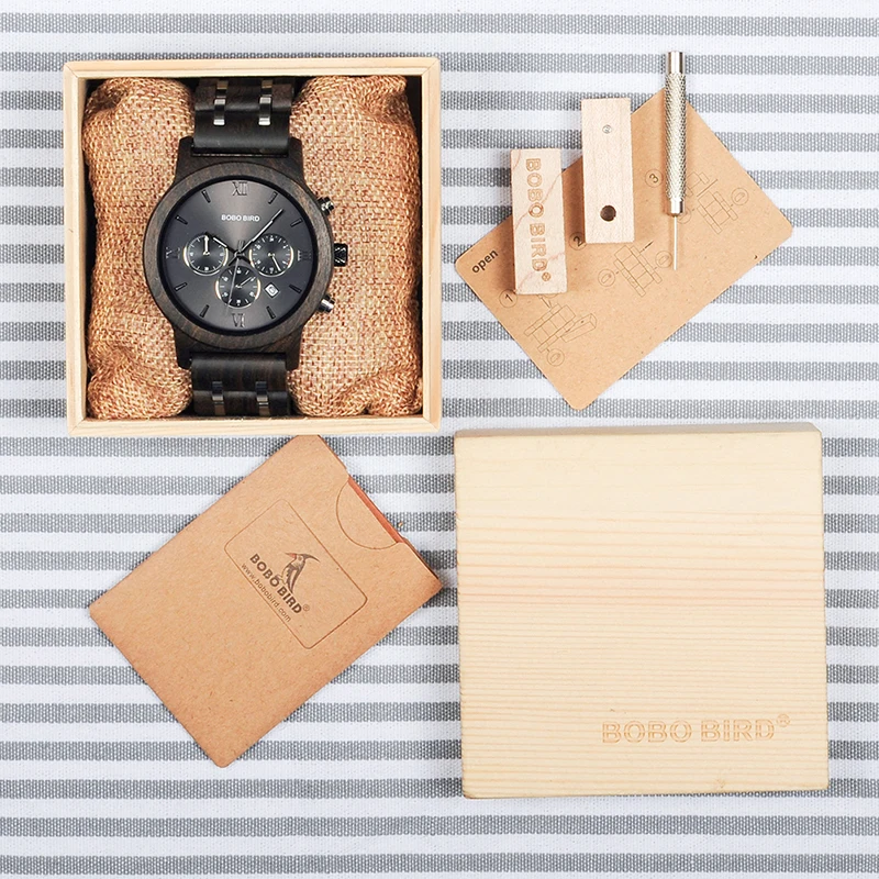 BOBO BIRD Wood Watches Men Business Luxury Stop Watch Color Optional with Wood Stainless Steel Band V-P19