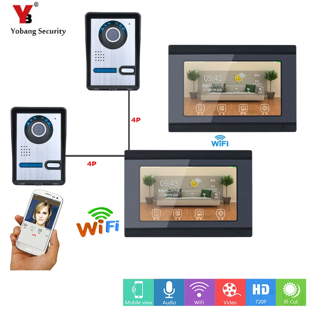 

Yobang Security 7 Inch Screen WIFI Wireless Speakerphone Intercom Video Doorbell Camera System APP Control 2 Camera 2 Monitor