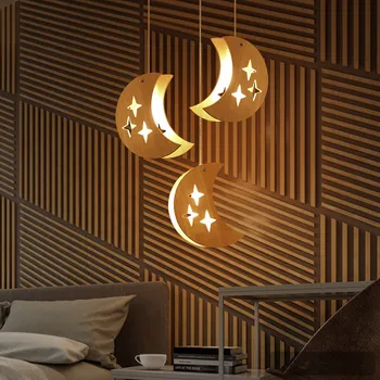 

Wood Stars Moon Pendant Light Nordic Dinning Room Lamp Minimalist Bedroom Bedside Light Fixtures Stairs Pendant Lamp Wood
