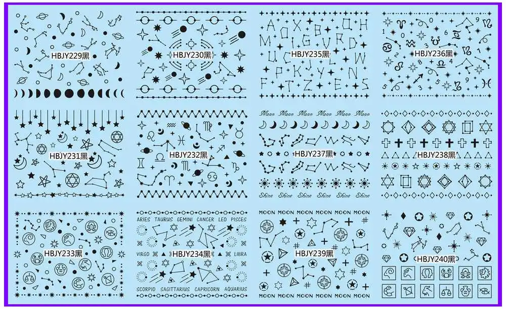 12 шт./лот, самоклеющиеся 3D наклейки для ногтей, татуировки, белый, черный, золотой, серебряный, солнце, луна, звезда, галактика, созвездие, HBJY229-240