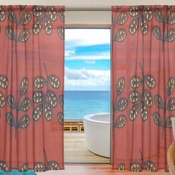 

Sheer Door Curtain Panels W55x L78 Inch/55x L84 Inch,Leaves Red Background Polyester Window Curtains Voile Sheers 2 Panels Set