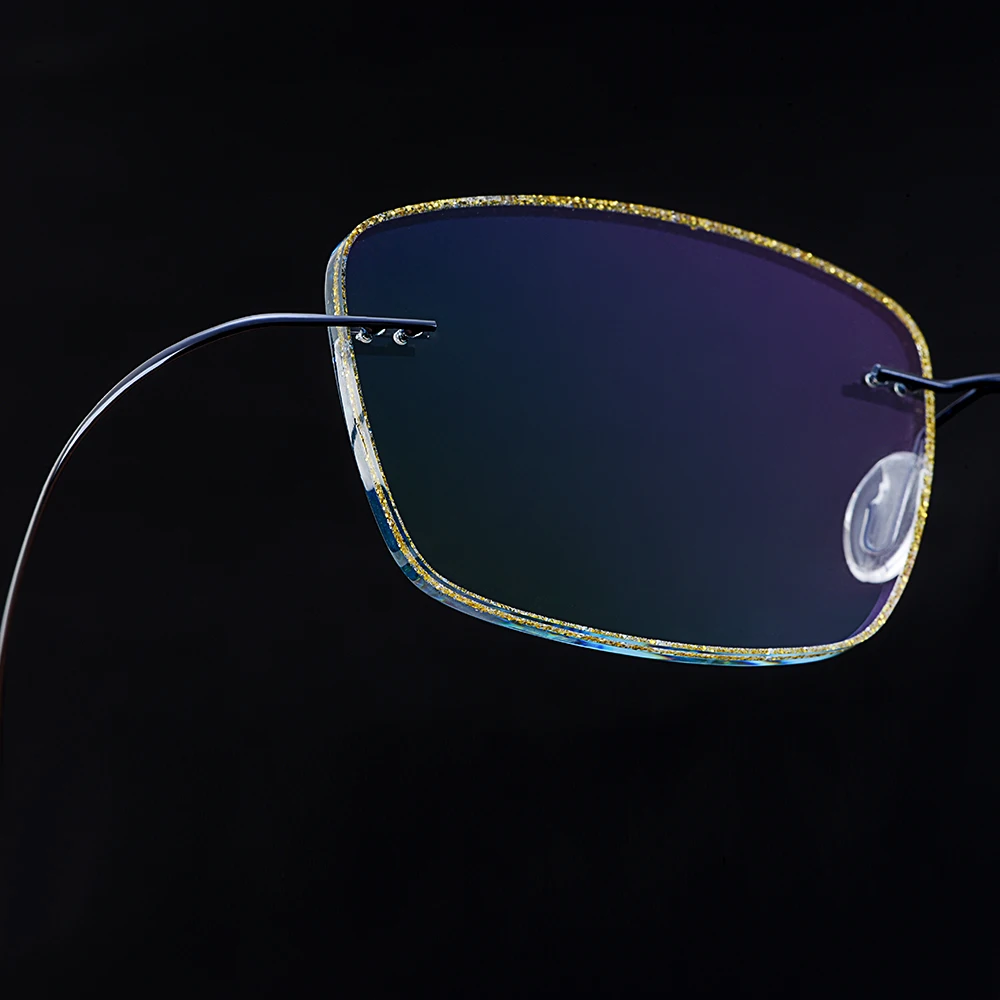 Gmei оптический синий титановый сплав мужские очки без оправы оправа с градиентным синим оттенком Плано линзы и золотой каймой T80894