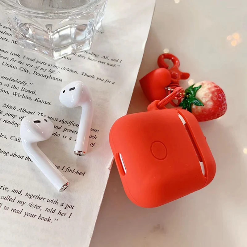 Soft Silicone Case Earphones For Apple Airpods Bluetooth Wireless Earphone Protective Skin Cover Box Strawberry Pattern Keychain