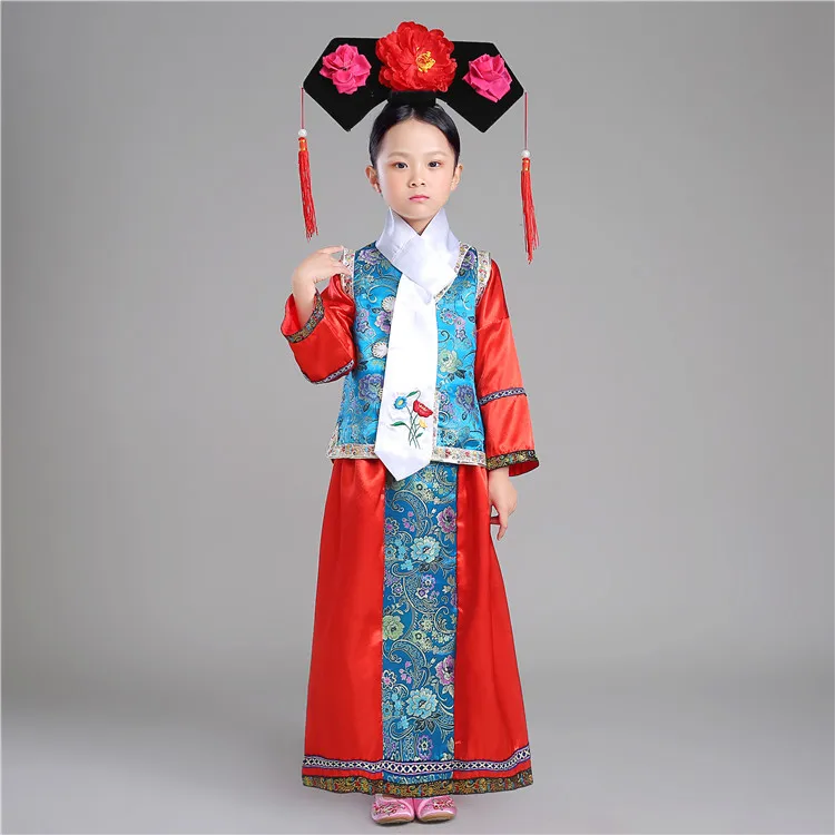 Детское платье в народном стиле династии Цин, традиционное китайское платье принцессы для девочек, Одежда для танцев, косплей, YZT083115 - Цвет: A