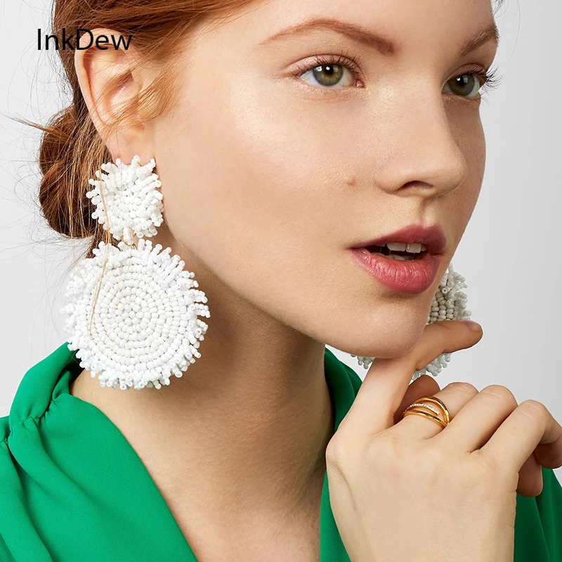

INKDEW Trendy Ethnic Bohemia Spring Drop Earrings for Women Beads Handmade Flower Long Big Round Earrings Fashion Jewelry Boho