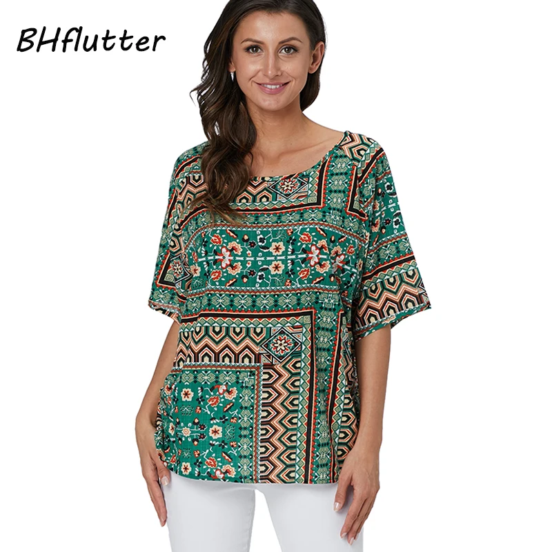 

BHflutter Womens Tops and Blouses Plus Size 2019 New Arrival Short Sleeve Summer Blouse Floral Print Casual 100% Cotton Shirts