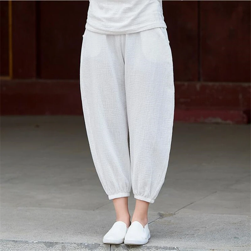 

Spring Summer Women Linen Cotton Pants Loose Elastic Waist Radish Pants Big Size Casual Harem Pants Plus Size 7XL Black/White