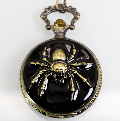 

New Arrive High Quality Antique Clock necklace chain Big Size Bronze Spider Pocket Watch With Chain WP4008