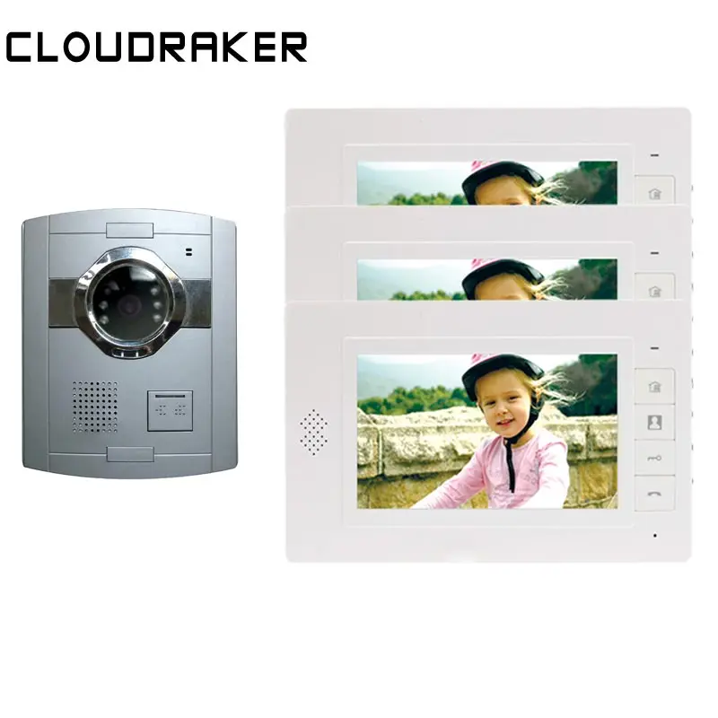 

CLOUDRAKER Video Door Phone Door Bell Intercom System 3x 7 Inch Monitor with 1x Silver Doorbell Video Intercom Unlock