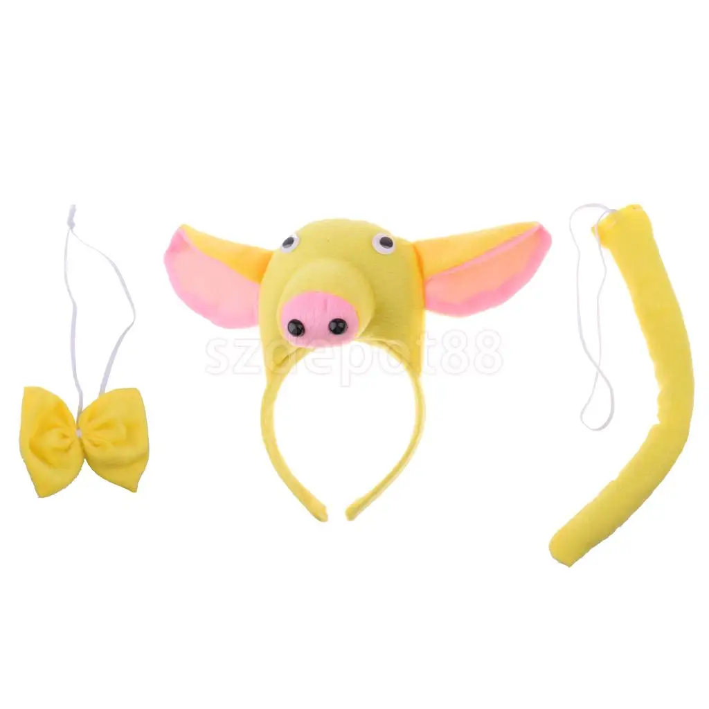 Kids Animal Pig Piggy Costume Kit Head Band Bow Tie Tail Set Fancy Dress