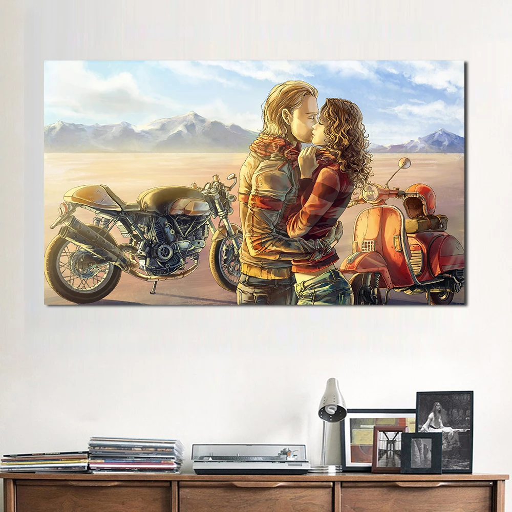 JQHYART Couple Kissing Wall Art Prints motorcycle Canvas Painting