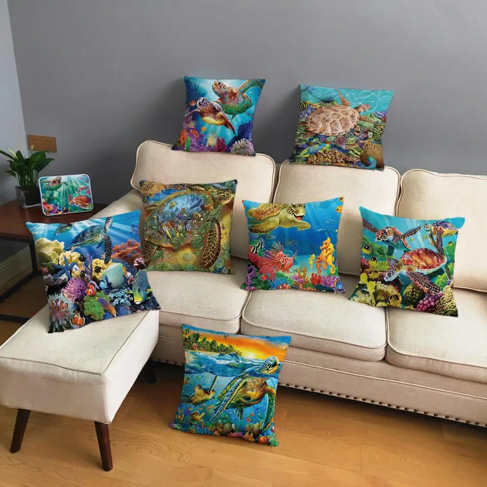 

Colorful Marine Turtle Dolphins Cushion Covers for Sofa Short Plush Pillow Cover Decor Animal Home Pillowcase 45*45 Pillow Case