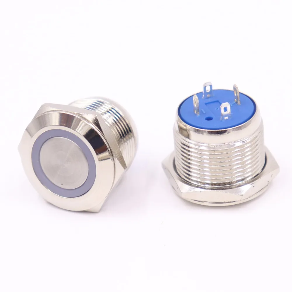 

19mm metal push button waterproof nickel plated brass switch flat head Round shape momentary self reset 1NO 12v-24v blue