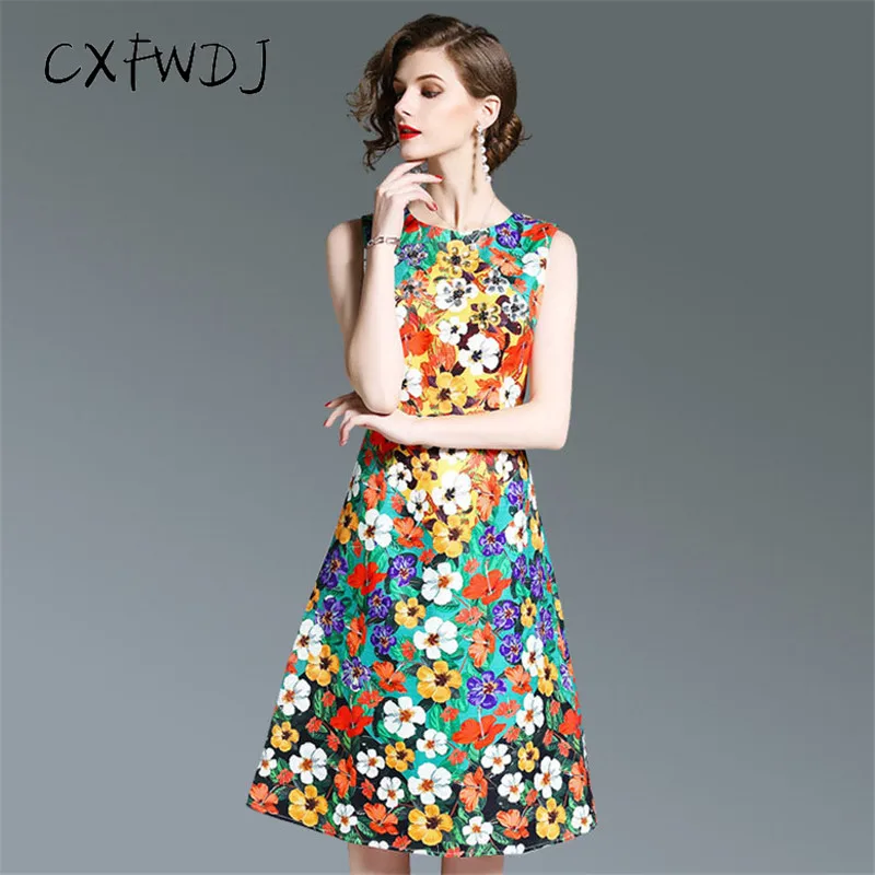 Vestido De Festa Rushed 2018 Summer The New Women's Clothing Dress Self-cultivation Fashion Wild Round Neck Printing Sleeveless